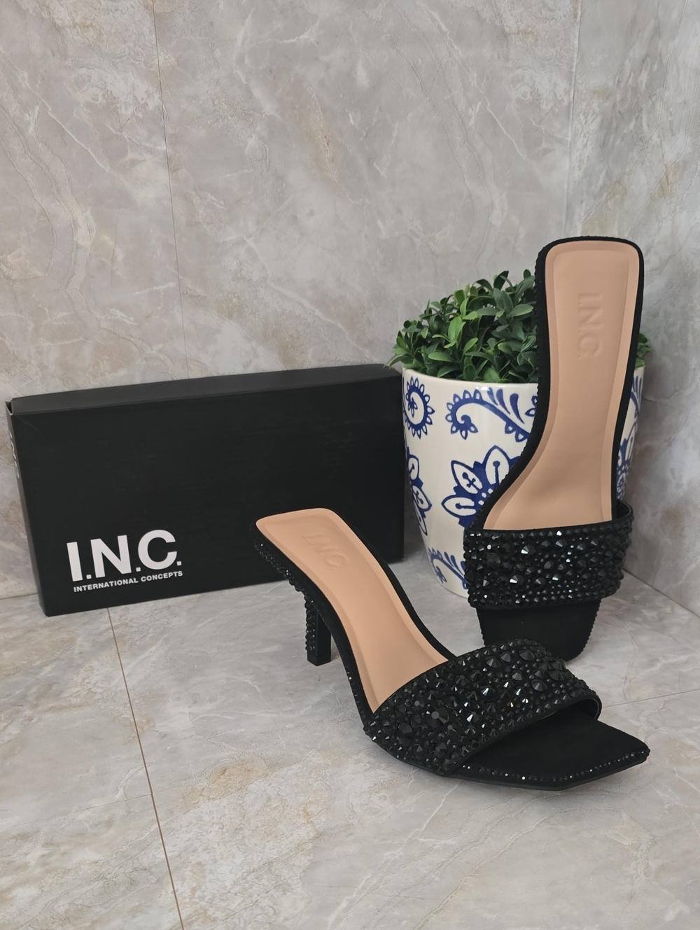 INC International Concepts Black Crystal Embellished Slide Heels Size 7